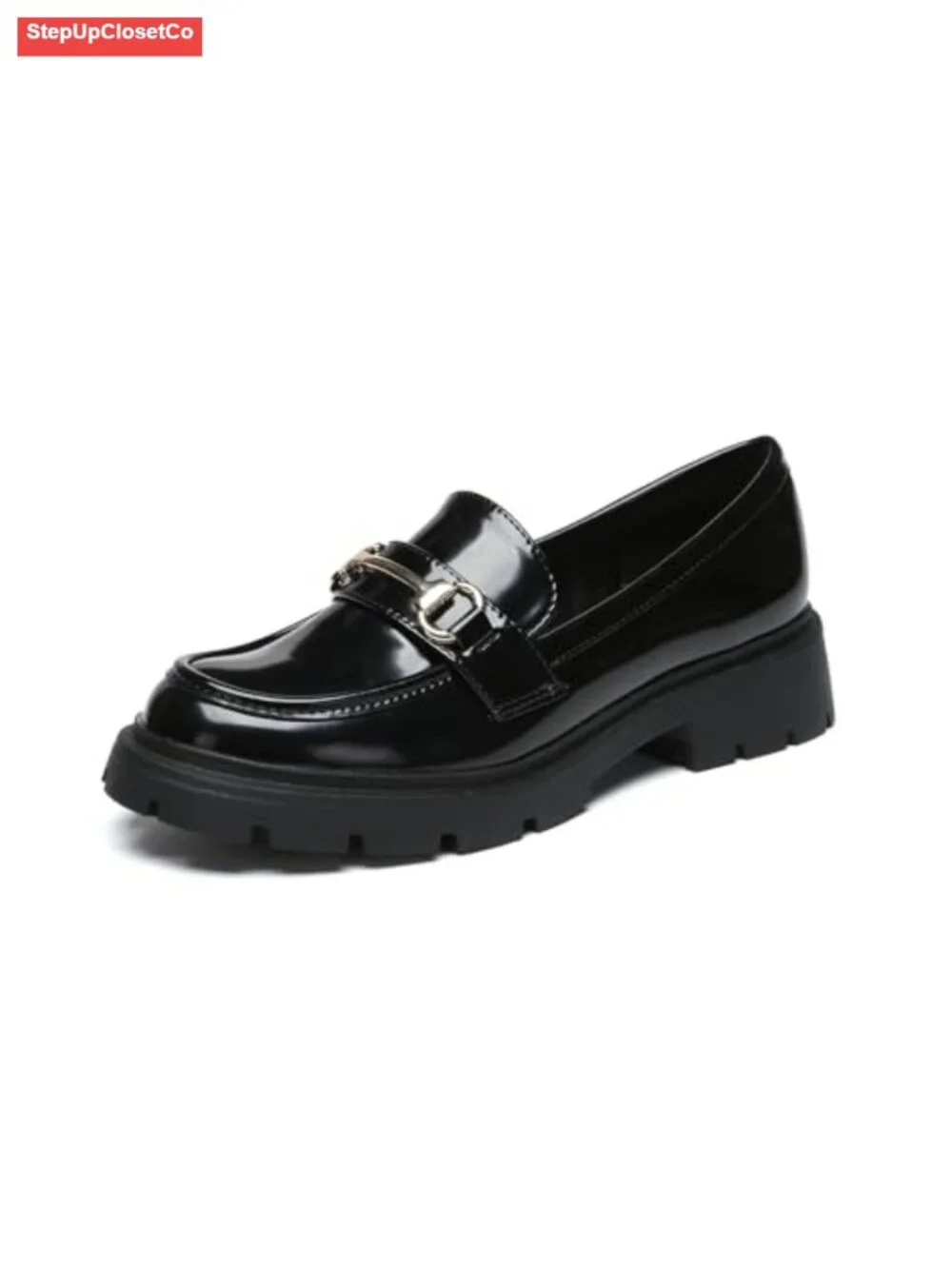 Patent Leather Chunky Platform Loafers with Buckle Slip-On Work Dressy Shoes